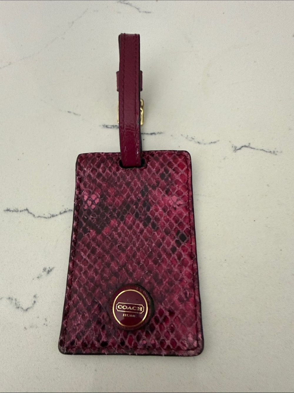Coach Burgundy Snake-Embossed Leather ID Tag with Gold Accent